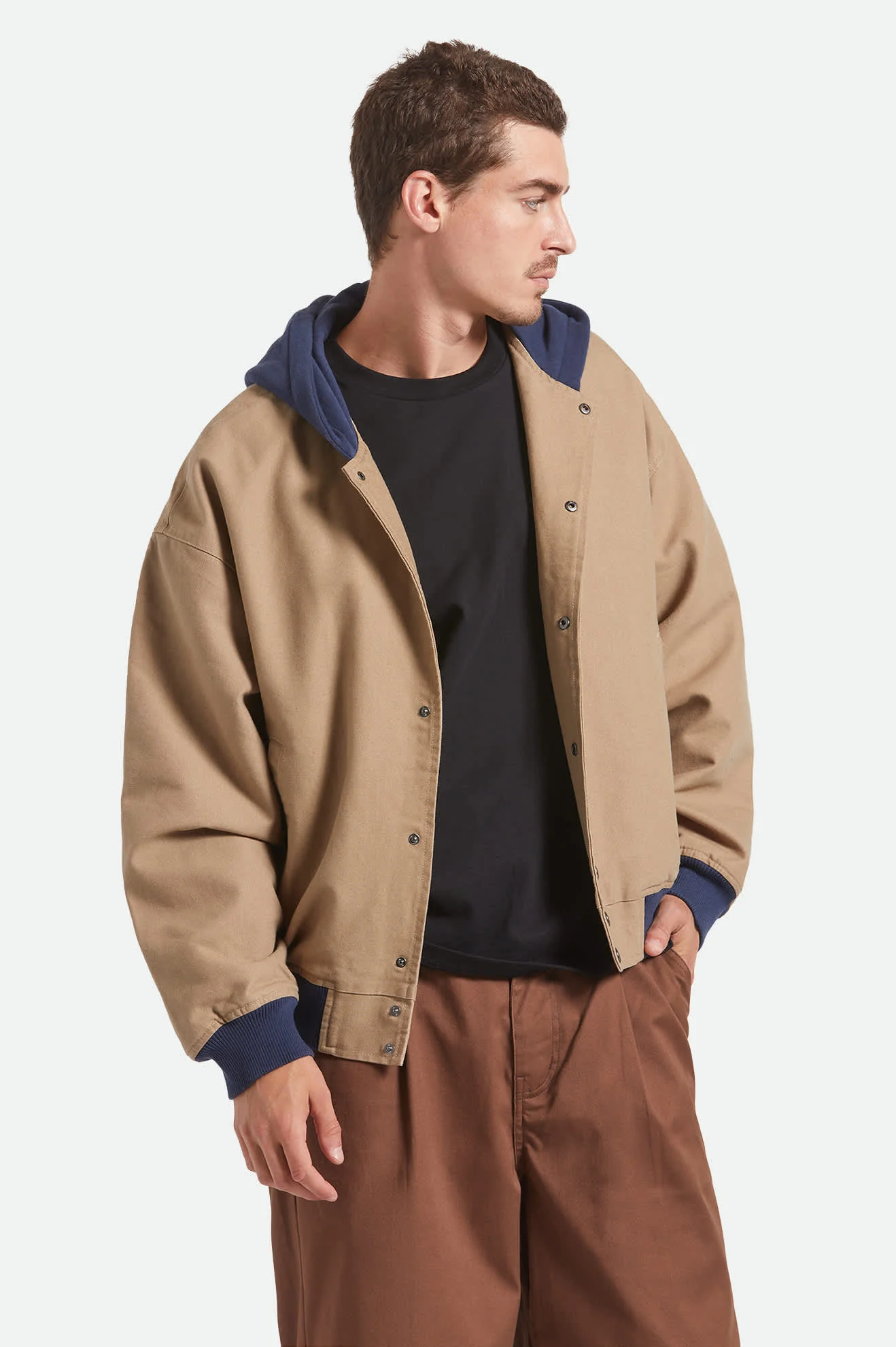 Canvas Hooded Bomber Jacket - Khaki/Mood Indigo